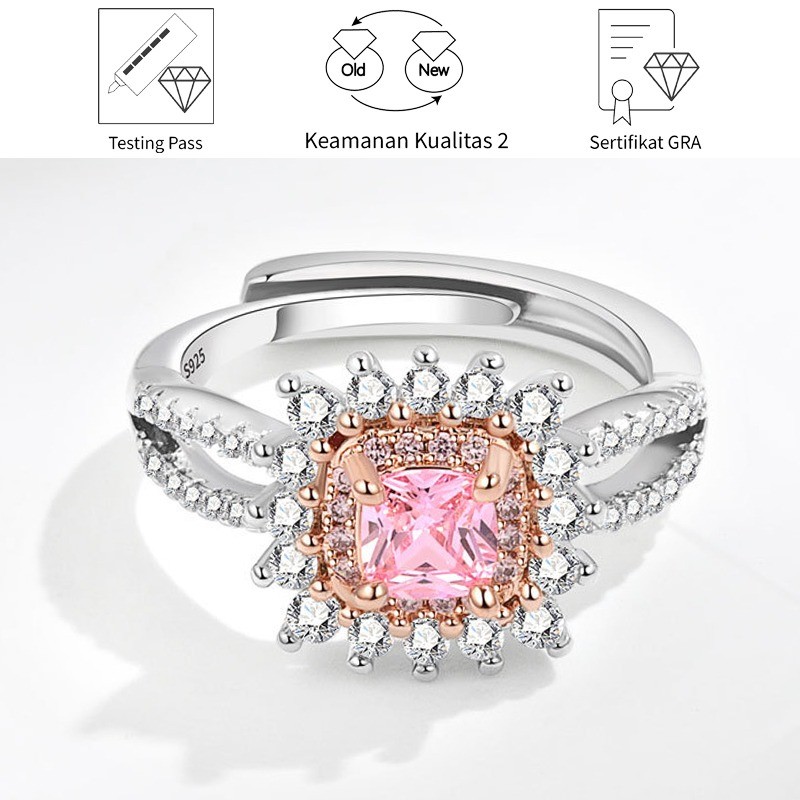 SikRoad Cincin Berlian Wanita Lapisan Emas Platinum PT950 Mini Moissanite Pink Kerajinan Halus Batu 