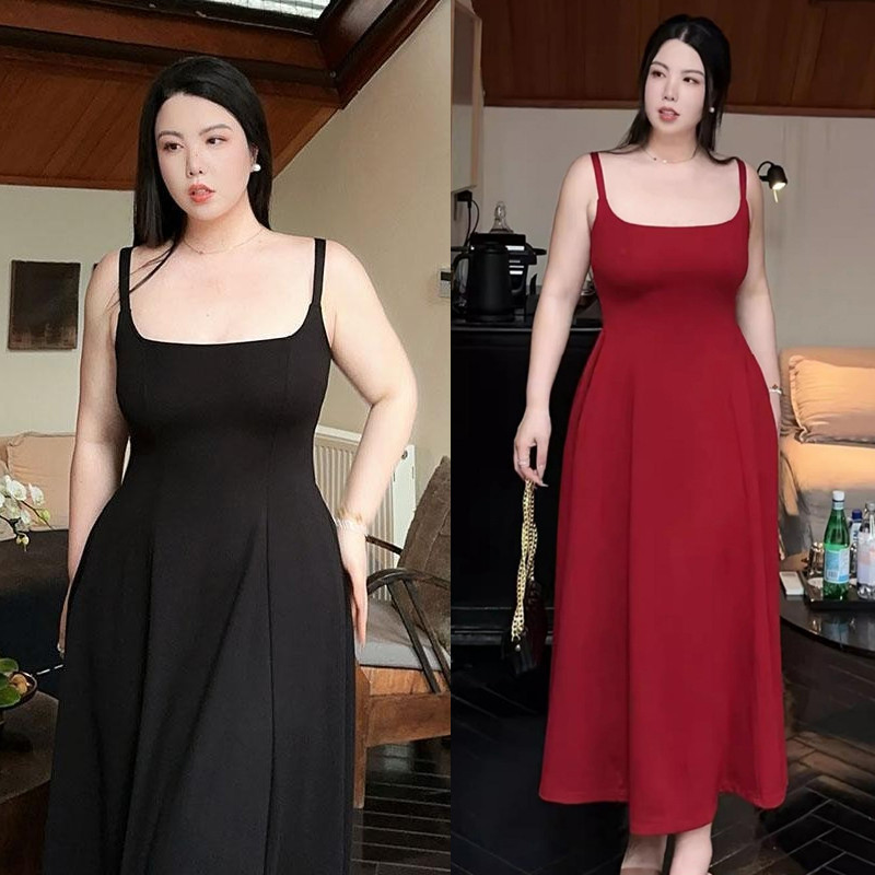 Dress Jumbo Wanita Gaun Big Size Import Lace Suspender Ramping Pinggang Hitam
