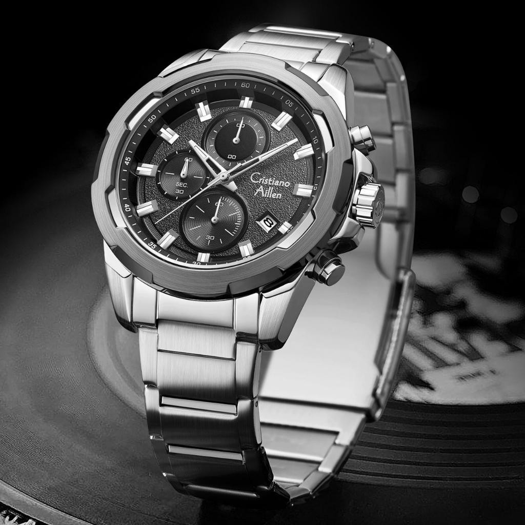 Cristiano Aillen Jam Tangan Pria Analog 8888 Rantai Stainless Steel Chronograph Kaca Sapphire Water 