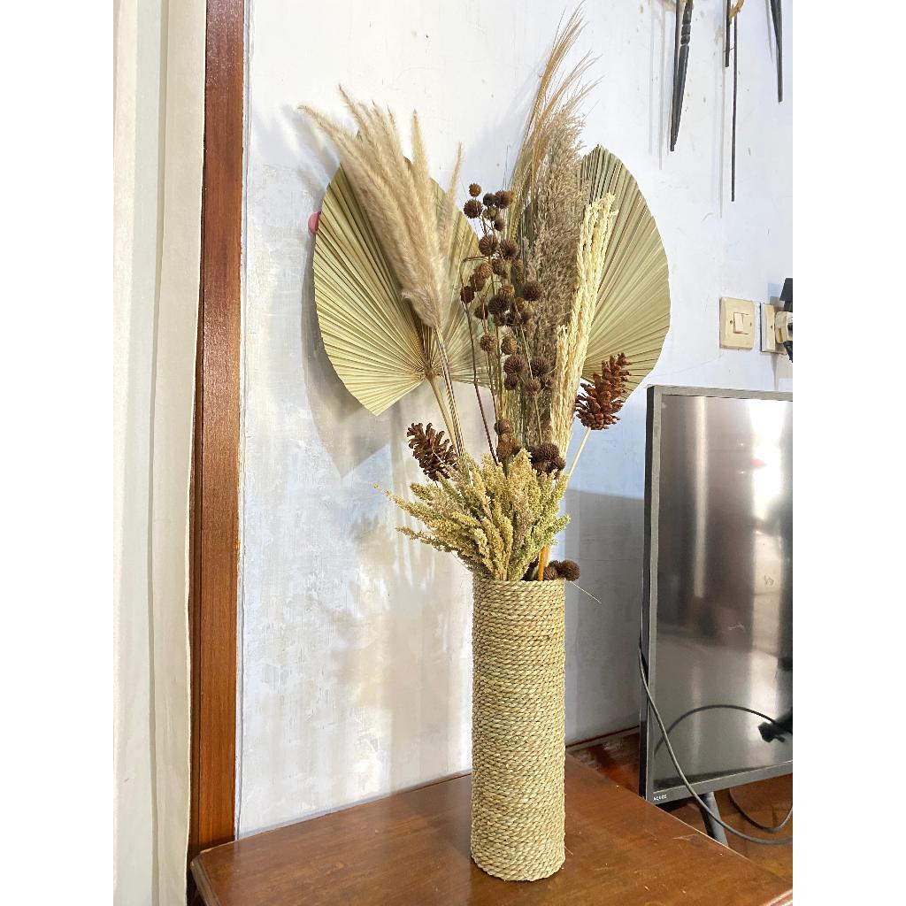 Paket Bunga Kering dan Pot Murah/Paket Hemat Bunga Kering/Daun Palem Kering/Pampas/Rayung/Hiasan Rum