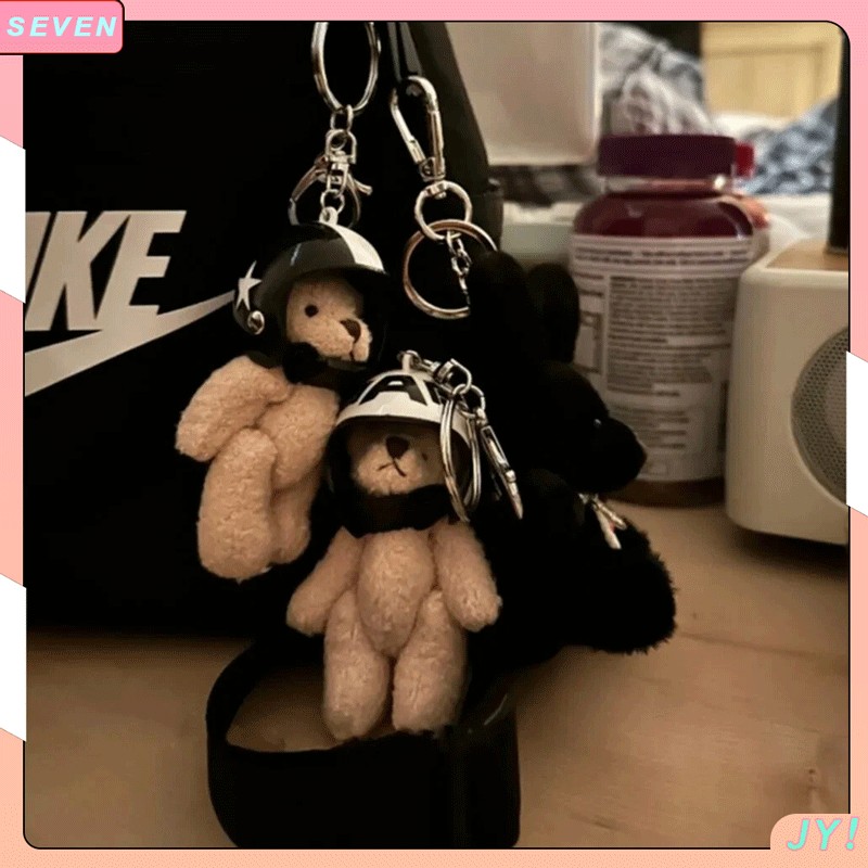 Gantungan kunci helm motor beruang kecil yang tampan dan lucu, gantungan tas boneka beruang mewah, l