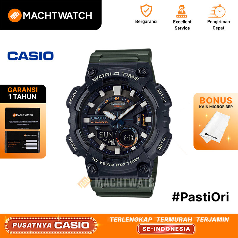 Jam Tangan Pria Analog Digital Casio Standard AEQ-110W-3AVDF AEQ110 AEQ-110W Green Resin Band