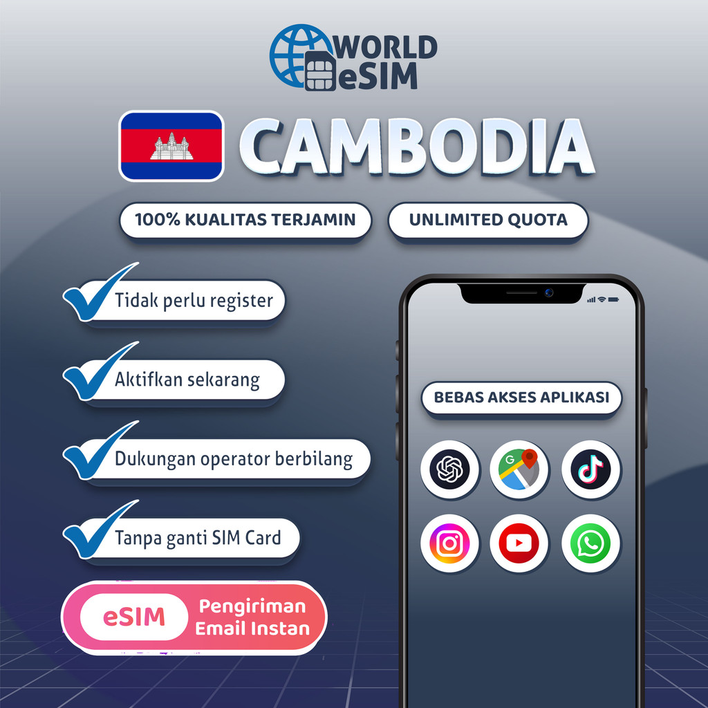 Worldesim eSIM Cambodia Unlimited Kuota Internet | eSIM Travel Cambodia Kuota | eSIM Cambodia 3