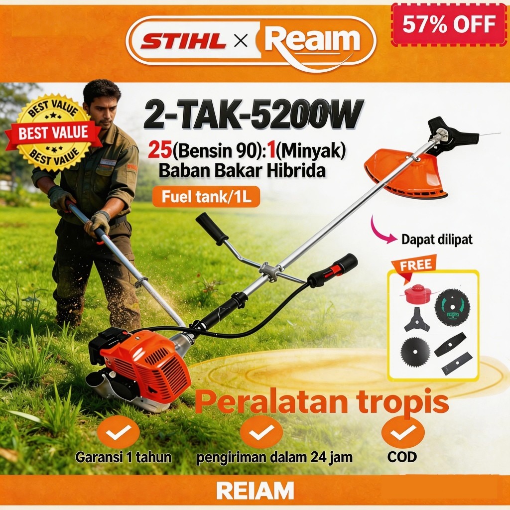 REAIM x STIHL Mesin Potong Rumput 5200W Arit rumput 2 Tak/4 Tak Pemotong Rumput 52CC