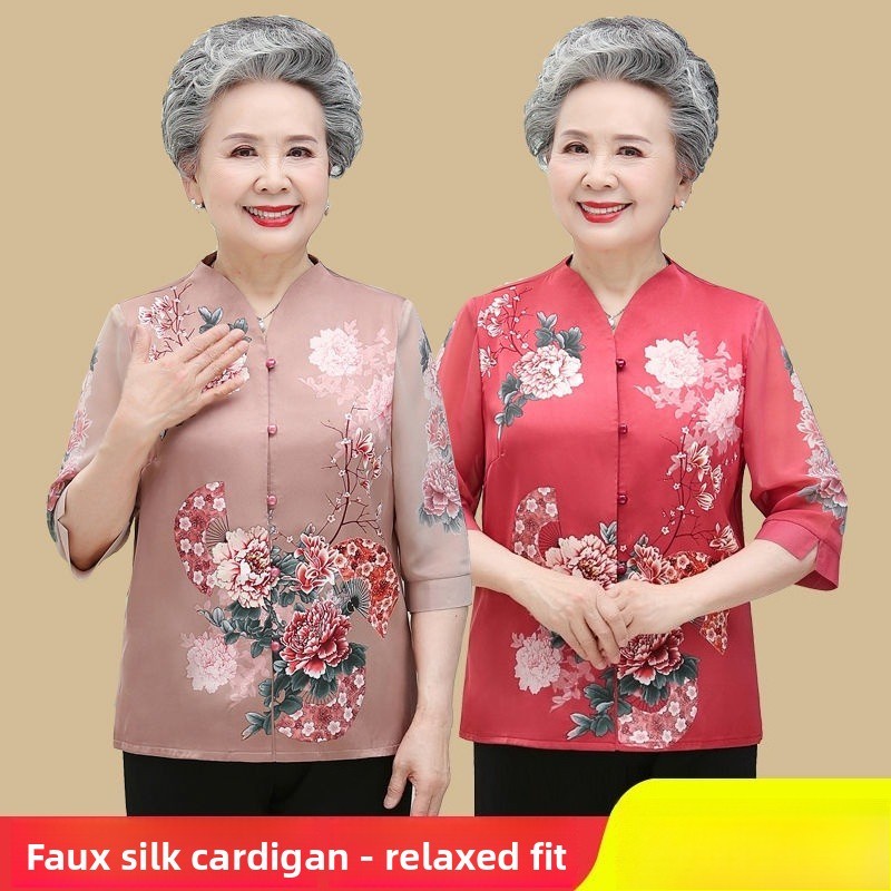 Gaun Simulasi Sutra Musim Panas Nenek Berlengan Tujuh Bagian