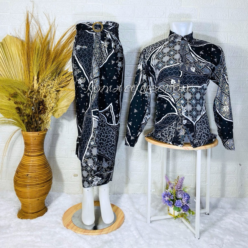 Murah COD _Baju Couple Kemeja Batik pria dan Rok Lilit Motif Asta Silver / Couple kemeja Lengan panj