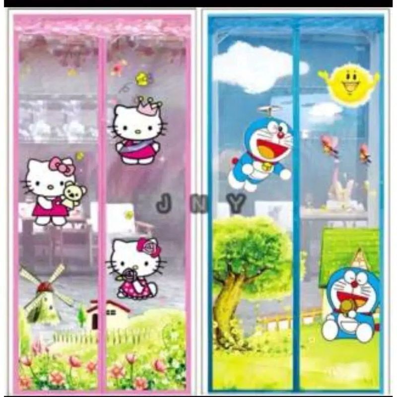 MULYO - TIRAI MAGNET DORAEMON DAN HELOKITY Tirai Magnet Anti Nyamuk Motif Lovebird & Doraemon 90x210