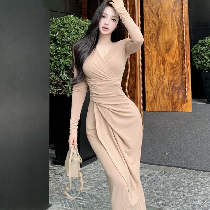 Dress Wanita Lengan Panjang Leher V Silang Gaya Dewasa Elegan Lipatan Bodycon Pinggang Sedang Panjan