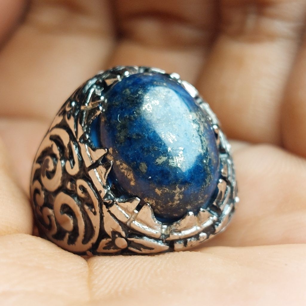 Cincin Batu Lapis Lazuli Asli Natural / Cincin Pria Elegan Rings Akik Alpaka Super Mewah