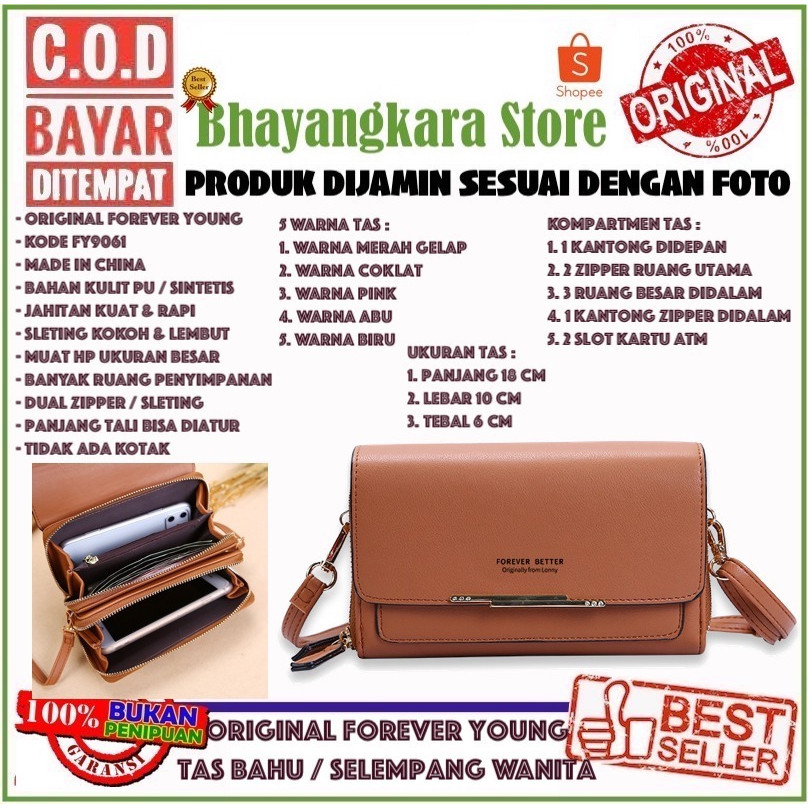 Bayar di Tempat  Forever Young FY9061 Dompet Tas Bahu Selempang Double Resleting Muat HP Besar Tali 