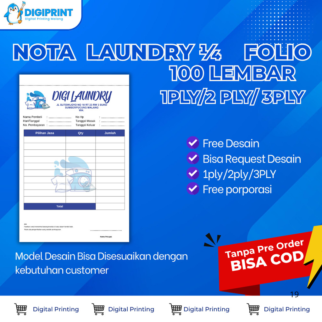 [TANPA PO] Nota Laundry 1 Buku 100 Lembar Full Color Free Desain | Nota Laundry Polos Custom | Free 