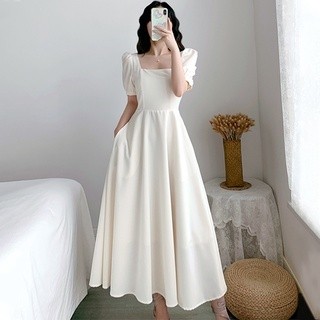 WIDHISTORE Putih Dress Party Elegan Vintage Midi Lengan Pendek Wanita Kekinian Dress Raya 2025 Canti
