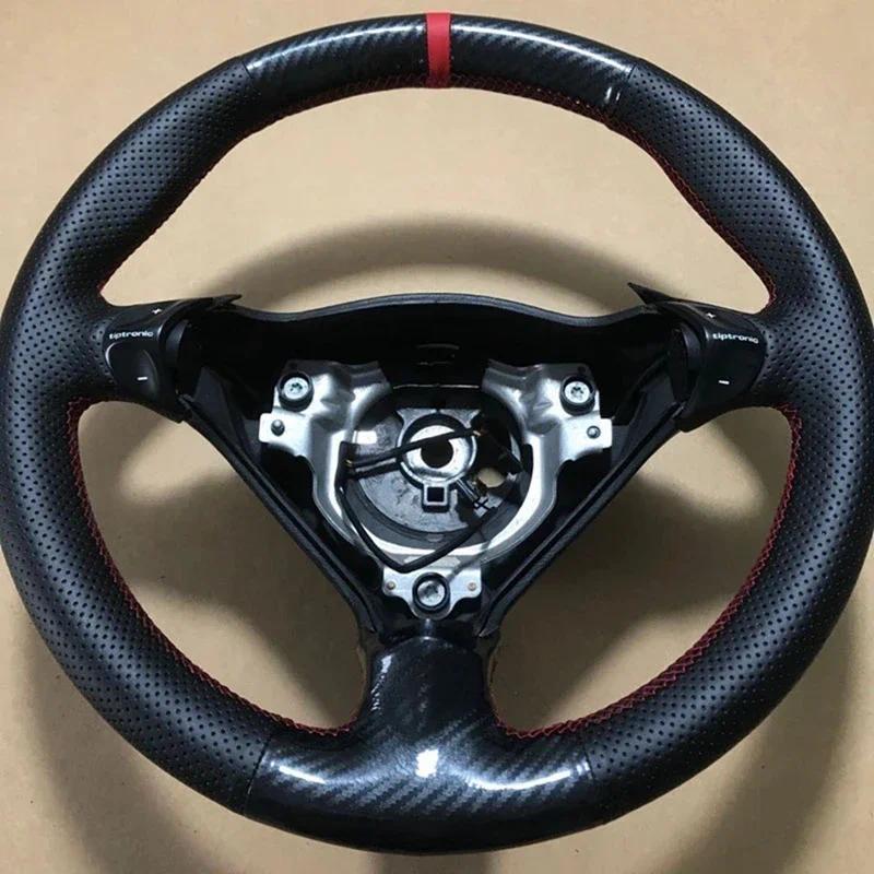 Car Steering Wheel Cover Hand-Stitched Soft Black Genuine Leather Carbon Fiber Wrap For Porsche 911 