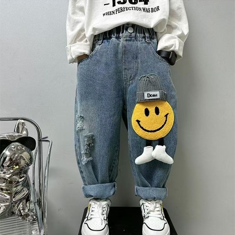 Celana jeans model topi 3D ala Korea untuk anak laki-laki, modis dan bergaya, model longgar dan robe