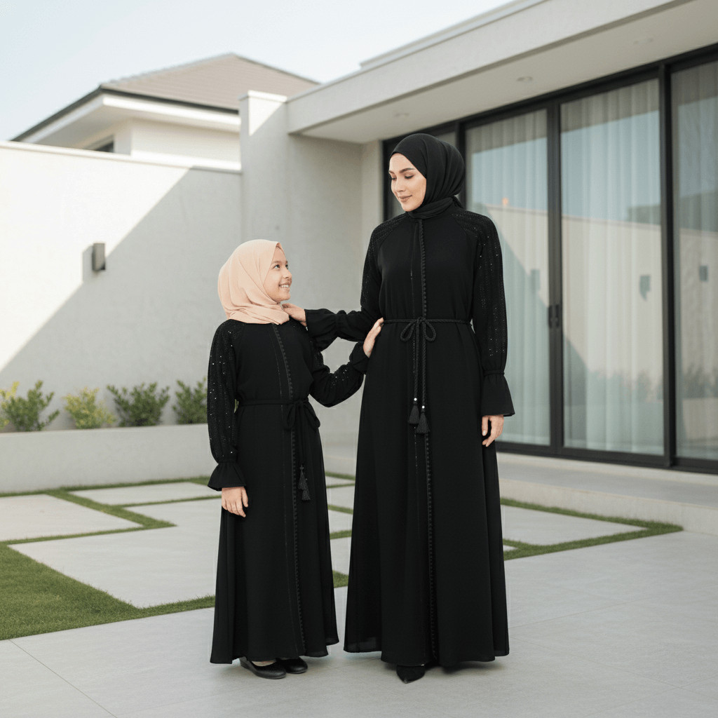 Abaya Couple Ibu Anak 2026 Muslim Remaja Mom Premium Gamis Kids Mewah Terbaru Lebaran Hitam Putih