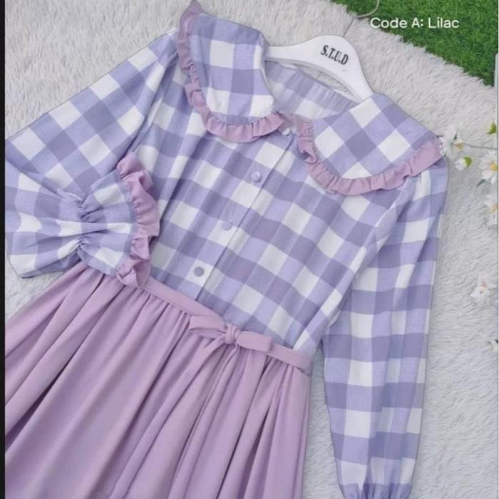 [TERLARIS] BISA COD Tatiana Dress Gamis Terbaru Usia 4-12 Tahun Kancing Kombinasi Katun Kotak - Lila
