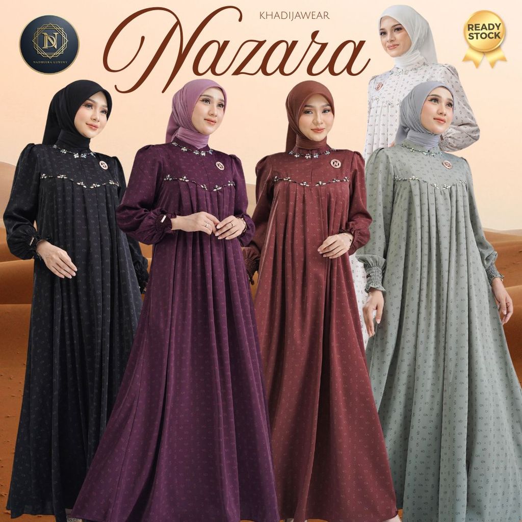 NAZARAA DRESS MIDI NADHEERA LUXURY PAYET GAMIS SATIN MONOGRAM NAZARA NARAZEA TERBARU NADHERA