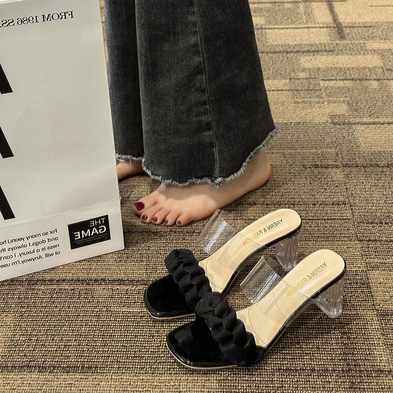 [COD] Sandal hak tinggi kristal tebal, sandal hak tinggi model setengah selip terbaru untuk wanita