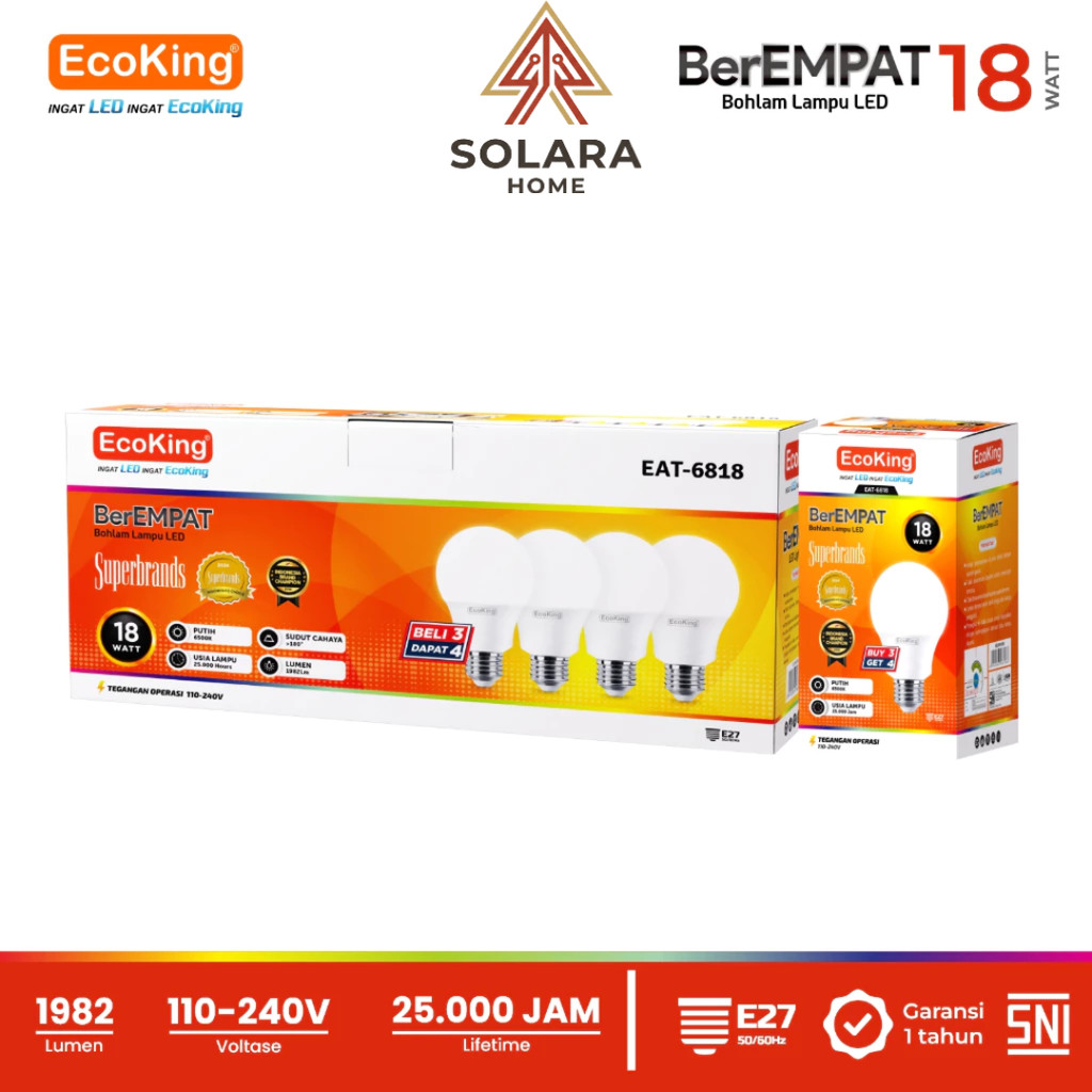 EcoKing BerEMPAT Lampu LED 18W Putih - Bohlam LED Rumah Beli 3 Dapat 4 Hemat Energi
