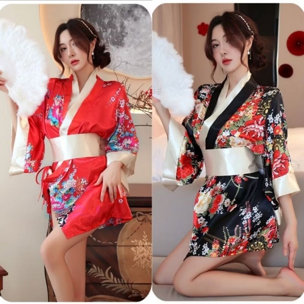 (resky) Kimono Jepang Bahan Satin Premium Motif Bunga Set Sabuk Pita