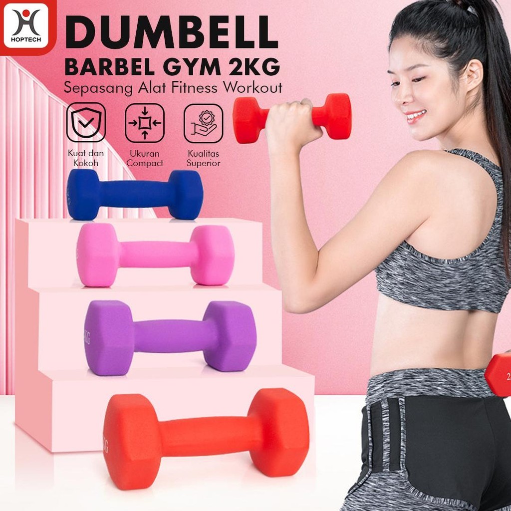 Hoptech - Dumbell Barbel 2kg Warna Warni Sepasang Alat Fitnes Rumah Gym Workout Angkat Beban Olahrag