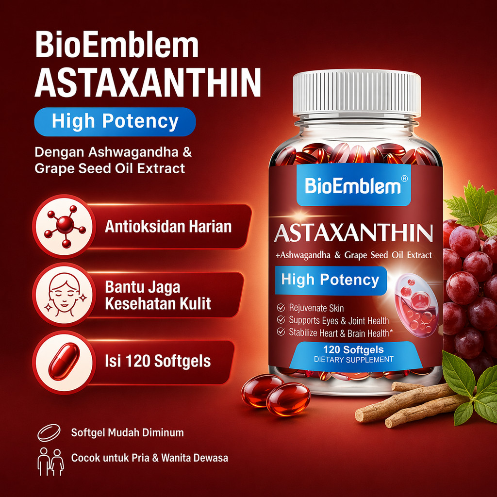 BioEmblem Astaxanthin 120 Softgels Suplemen Antioksidan Kulit Mata Tubuh dengan Ashwagandha & Grape 