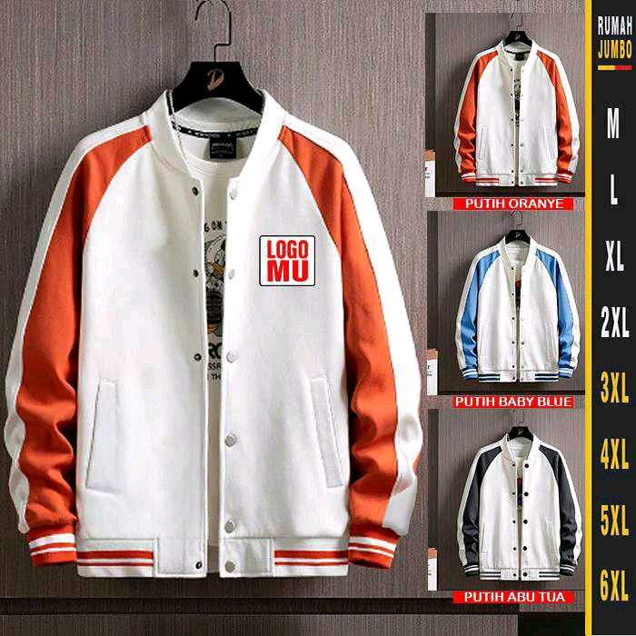 JAKET VARSITY PRIA PUTIH KOMBINASI ORANGE (M-6XL) CUSTOM JAKET VARSITY KANCING OVERSIZE Logo