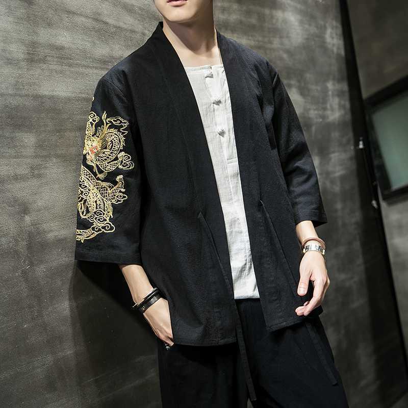 Chinese Style Linen Dragon Embroidery Cotton Linen Shirt for Men