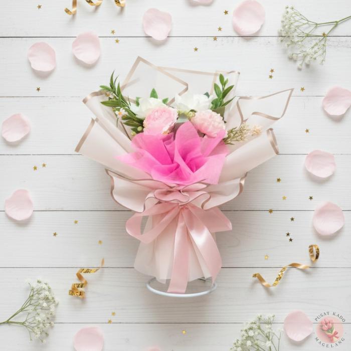 Buket Bunga Artifical Mini Ukuran 25x20cm Murah - Bouquet Bunga Palsu Free Kartu Ucapan - Pink