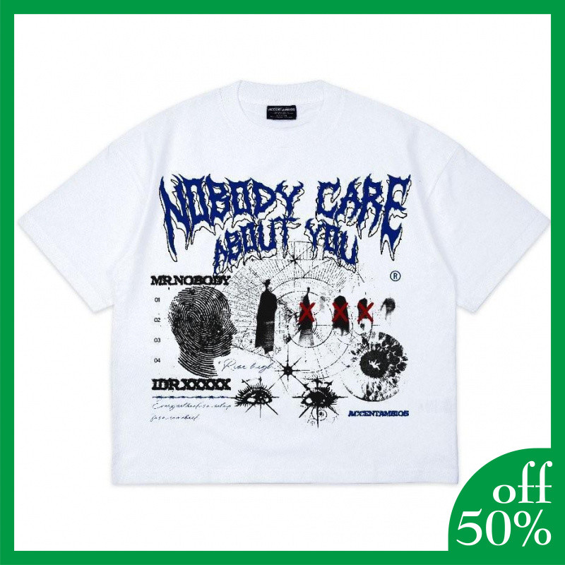 Kaos Boxy fit Oversized Tshirt Nobody Care White Santai combed printing Streetwear C0496
