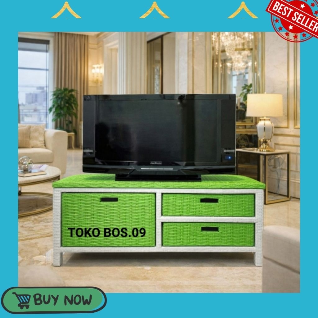 (REDY STOK) Meja Tv Rotan Sintetis Rak Laci 3 Rak Buku Susun