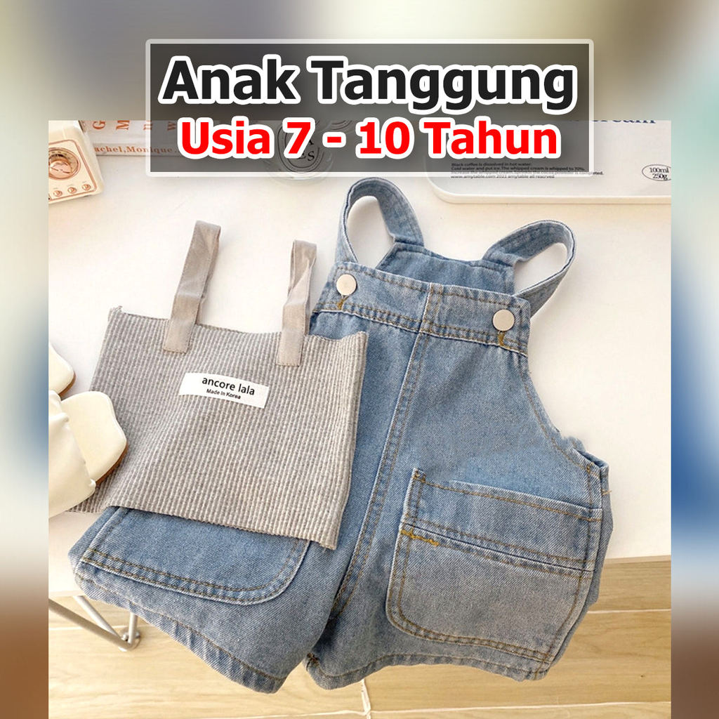 [363634] - Setelan Baju Crop Overall Jeans Anak Perempuan - Motif Glace Casual - Pakaian Cewek Remaj