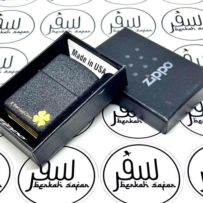 Korek Zippo Matte Hitam Black Crackle Leaf Clover Rough Original