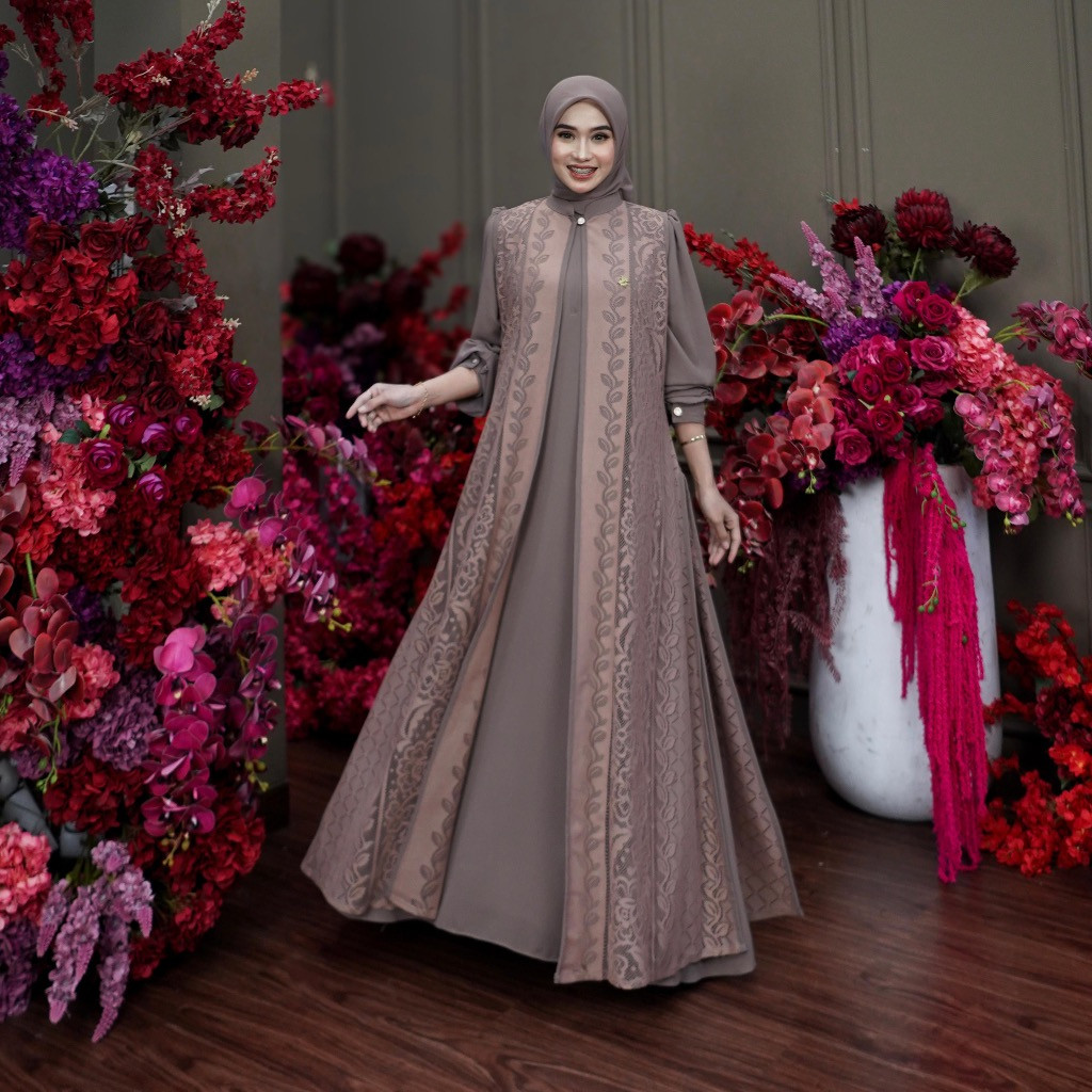 Gamis Syar'i Premium One Set Pakaian Wanita Riana 1 ( 3in1 ) Brokat Chantily Mix Ceruty Babydoll Gam