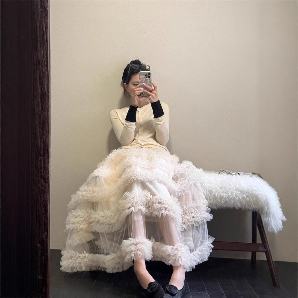 Women's Korean-style niche minimalist mesh patchwork layered cake skirt