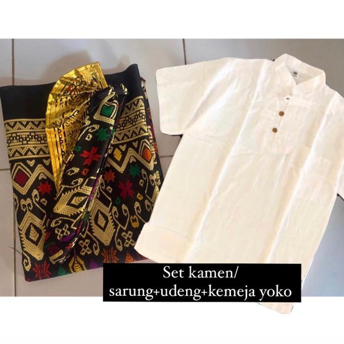 setelan SARUNG atau KAMEN LEMBARAN BATIK Dewasa + Udeng Jadi + kemeja koko adem - Sarung hitam+putih