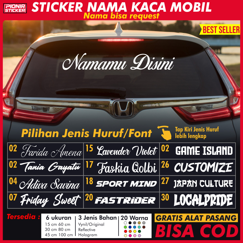 Stiker Nama Custom Kaca Mobil Belakang dan Depan Cutting Sticker Reques Nama Mobil Sedan SUV