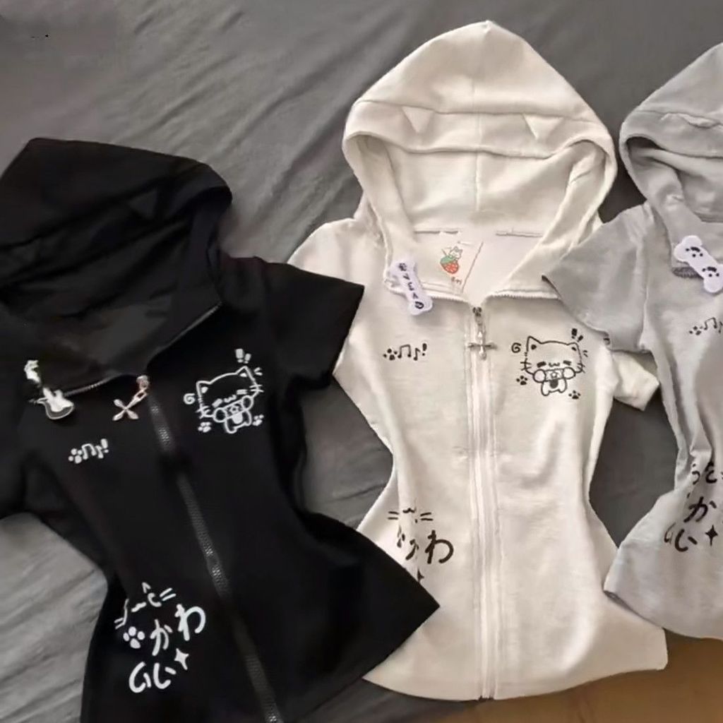 MYCASSI Jaket Sweatshirt Berkerudung Gaya Jepang Dengan Telinga Kucing Lengan Pendek