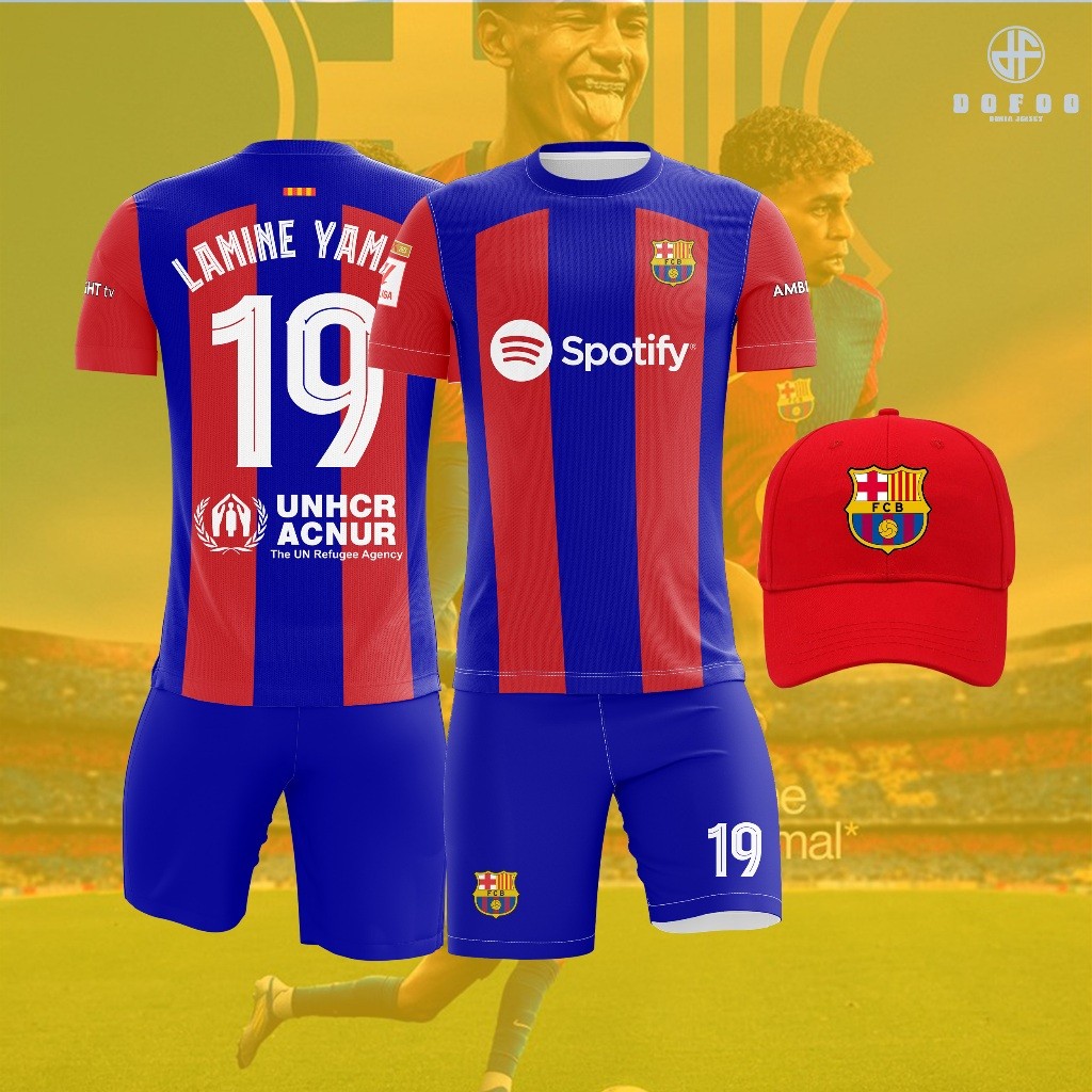 Setelan Jersey Anak Barcelona Bahan Polyester Dryfit Sublimasi Usia 3-13 Tahun & Topi Baseball Anak 