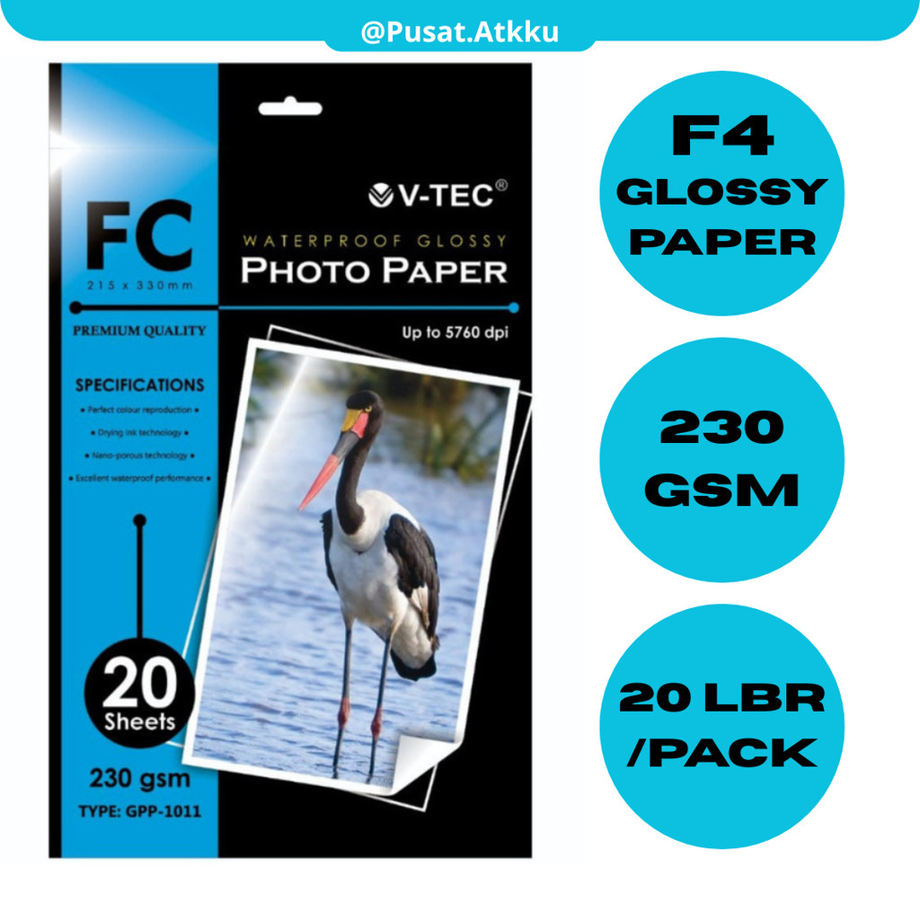 (1 Pack) Kertas Foto Glossy F4 Folio 230GSM V-TEC 20 Lembar / Photo Paper FC V-TEC 230 GSM / Kertas 