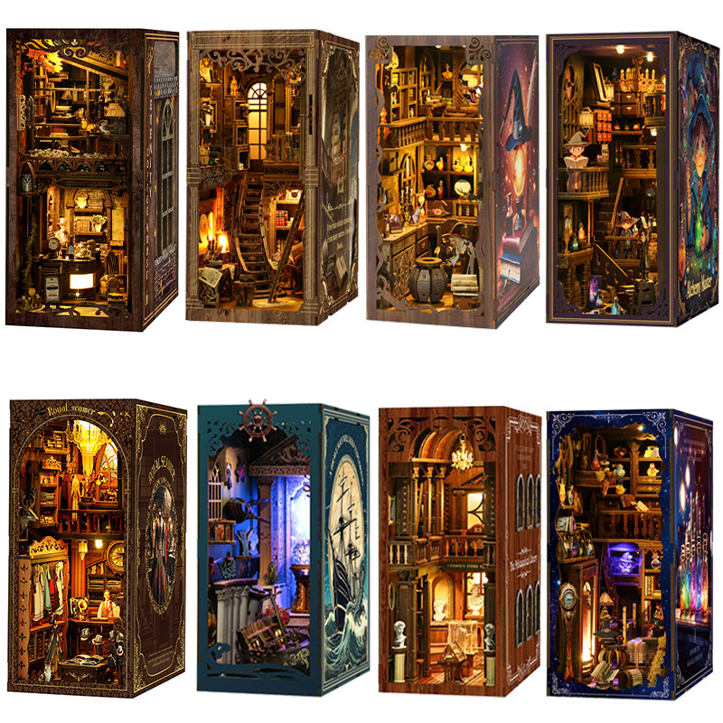 Y Book Nook Kit 3D Wooden Book Doll House With LED Light Bookshelf ert  Assembly Model Collection Se