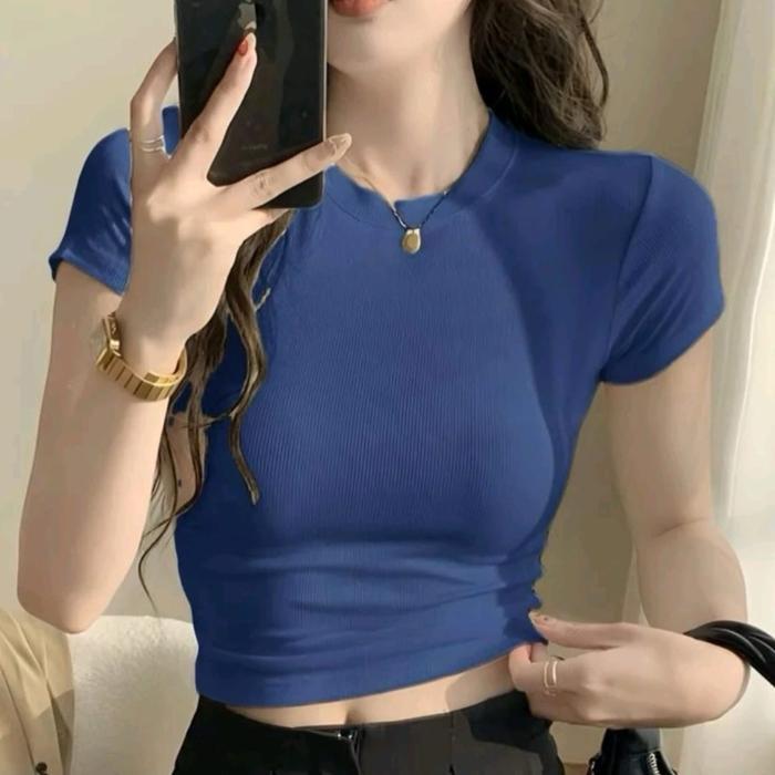 Crop top polos wanita slimfit kaos atasan wanita crop tee wanita korea Coklat Hitam - Hitam, S