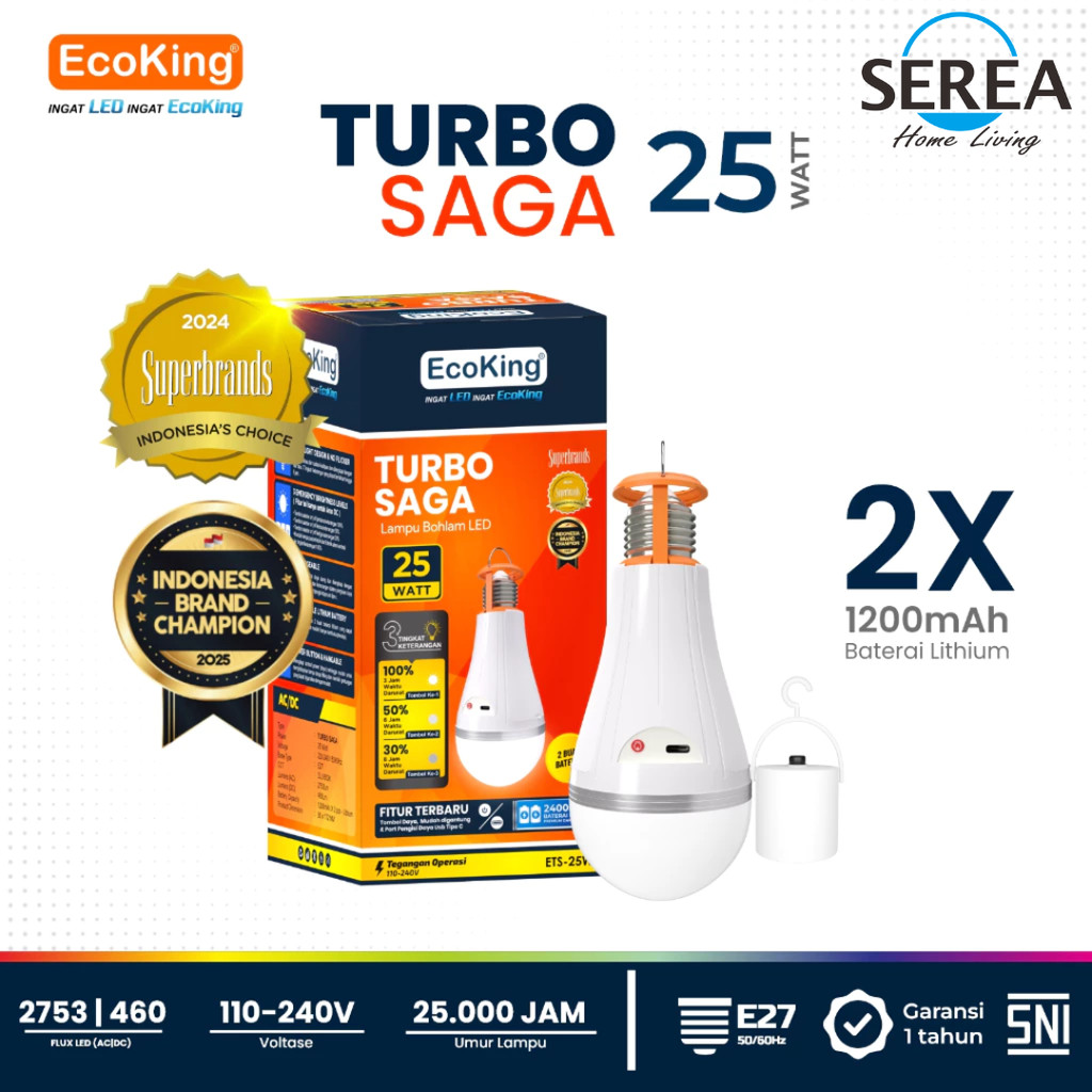 EcoKing Lampu Emergency LED Turbo Saga 25W Putih EST-25W - Bohlam Darurat Cas Isi Ulang 3 Level DC