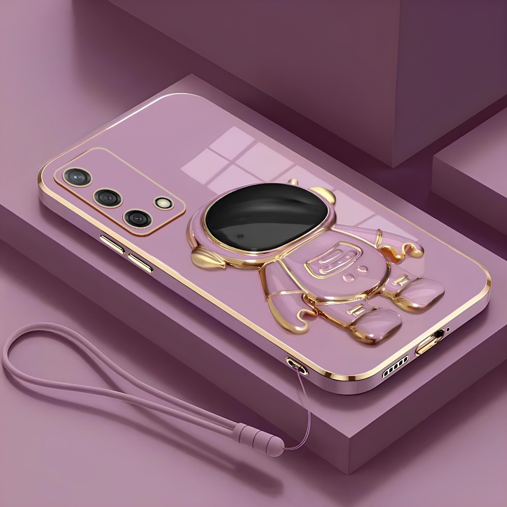 Softcase Oppo A54 A74 A95 4G Casing Silikon Dudukan Lipat Astronot Plating Free Tali Lanyard