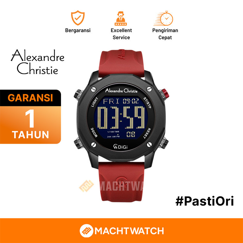 Jam Tangan Pria Alexandre Christie Digi AC 9377 MH RIPBARE Men Digital Dial Red Rubber Strap