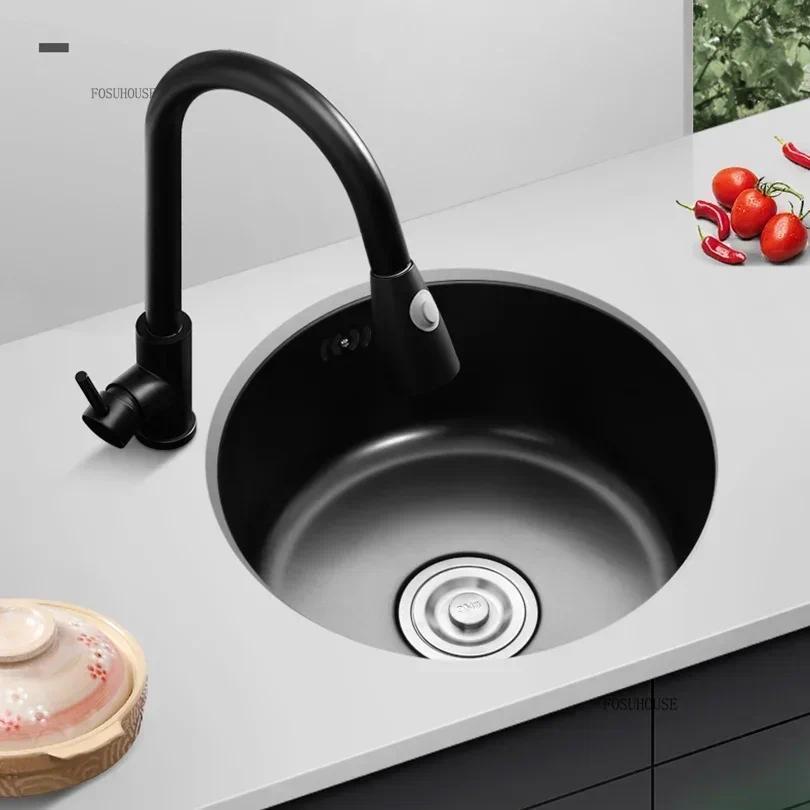 Black Nano Kitchen Sink Round Undermount Single Slot Small Sink 304 Stainless Steel Bar Balcony Wash