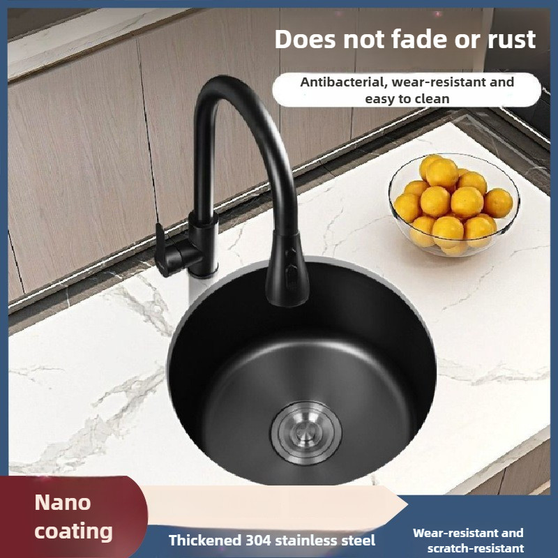 Kitchen Island Sink, Black Mini Nano Small Round Single Slot 304 Balcony Stainless Steel Bar Sink Ki