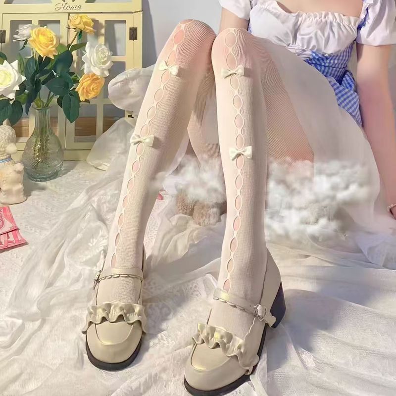 [Si Yun Ge] Stoking Jaring Putih Jepang, Stoking Jaring Berlubang Manis, Pantyhose Pita Berlubang Ba