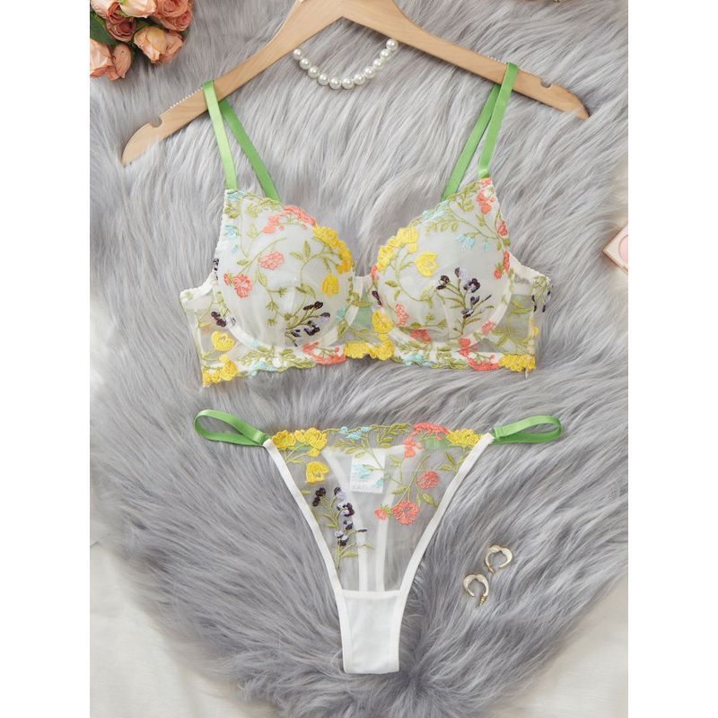 LadyAllure COD Set Lingerie Wanita Floral Bordir Hijau Pastel Seksi Bra Panty Set Transparan French 