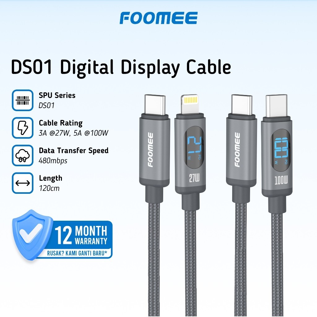 [FOOMEE] DS01 | Digital Display Cable | USB-C to USB-C/USB-C to Lightning | 27W/100W | 120cm | Braid